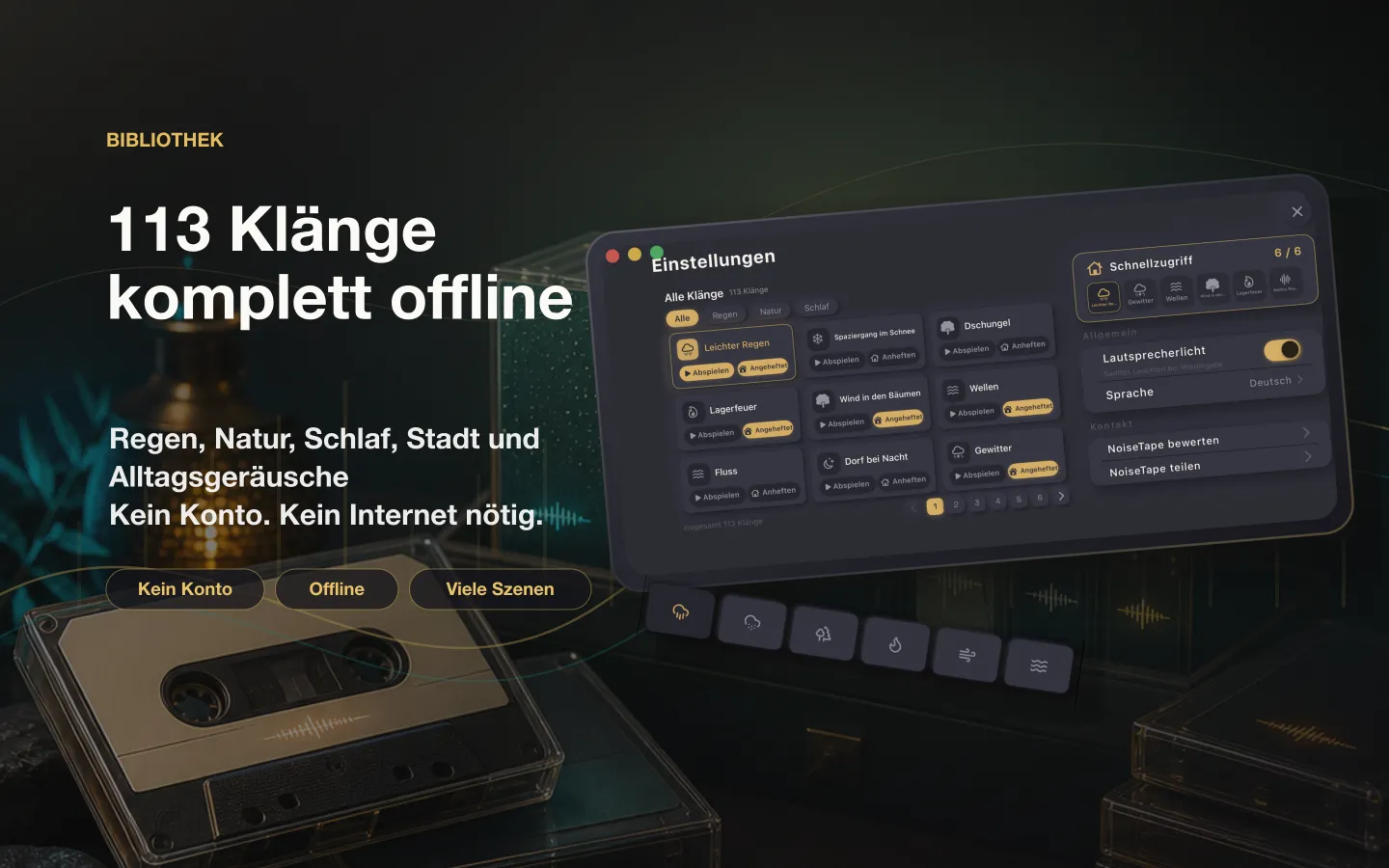 NoiseTape-Klangbibliothek auf dem Mac — 113 White-Noise- und Schlafklänge, komplett offline, kein Konto nötig