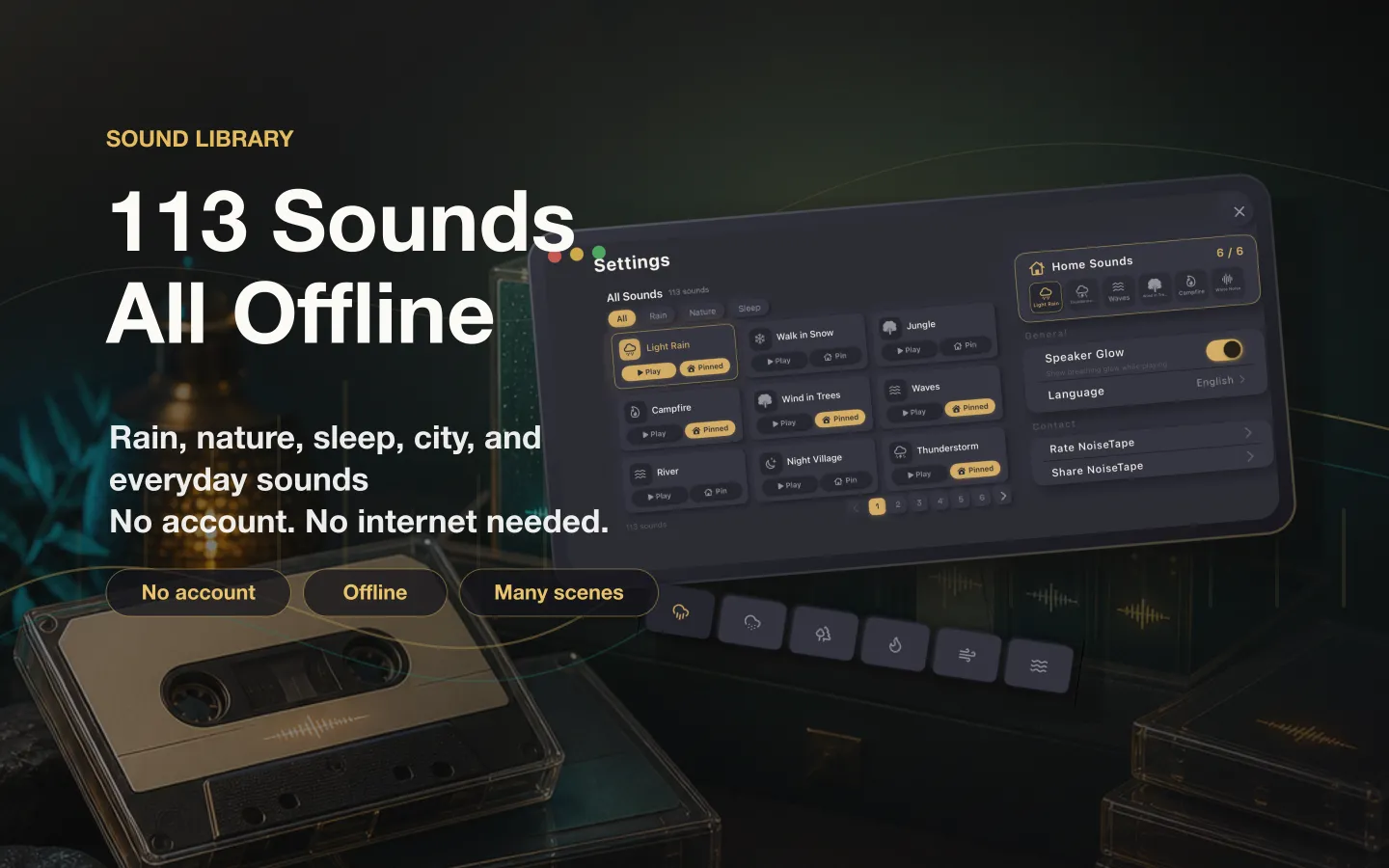 NoiseTape sound library on Mac — 113 white noise and sleep sounds, all offline, no account needed