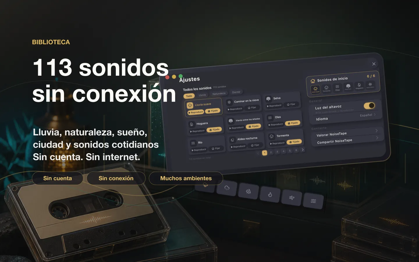 Biblioteca de sonidos de NoiseTape en el Mac — 113 sonidos de ruido blanco y para dormir, totalmente offline, sin cuenta