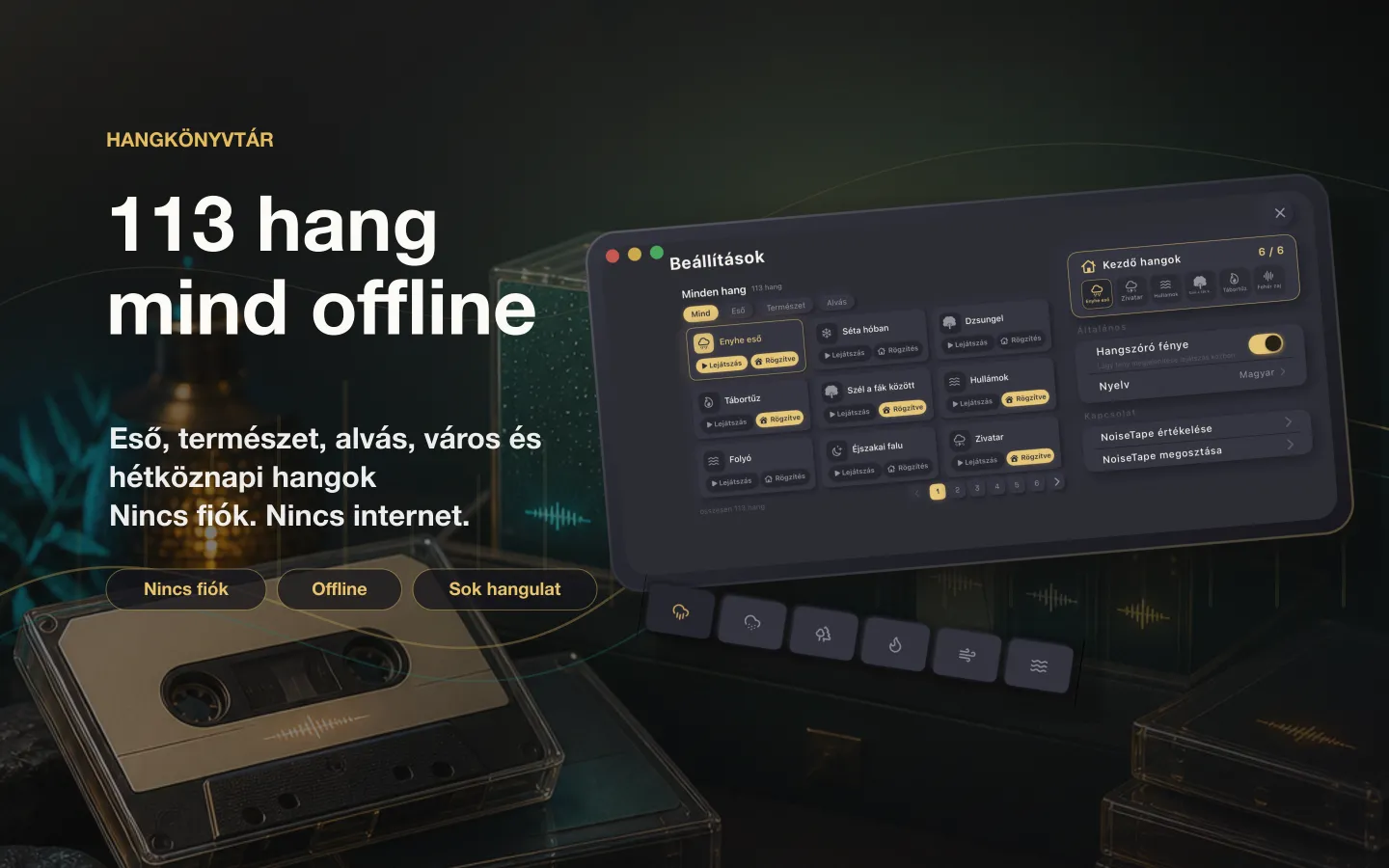 A NoiseTape hangkönyvtára Macen — 113 fehérzaj- és alvóhang, teljesen offline, fiók nélkül