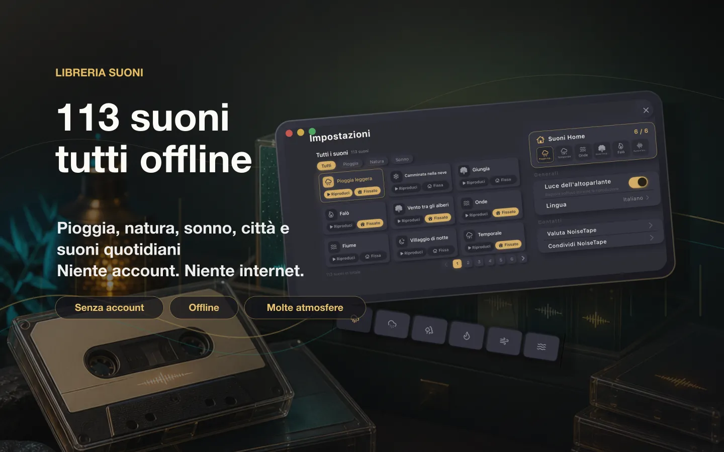 Libreria dei suoni di NoiseTape su Mac — 113 suoni di rumore bianco e per dormire, completamente offline, senza account