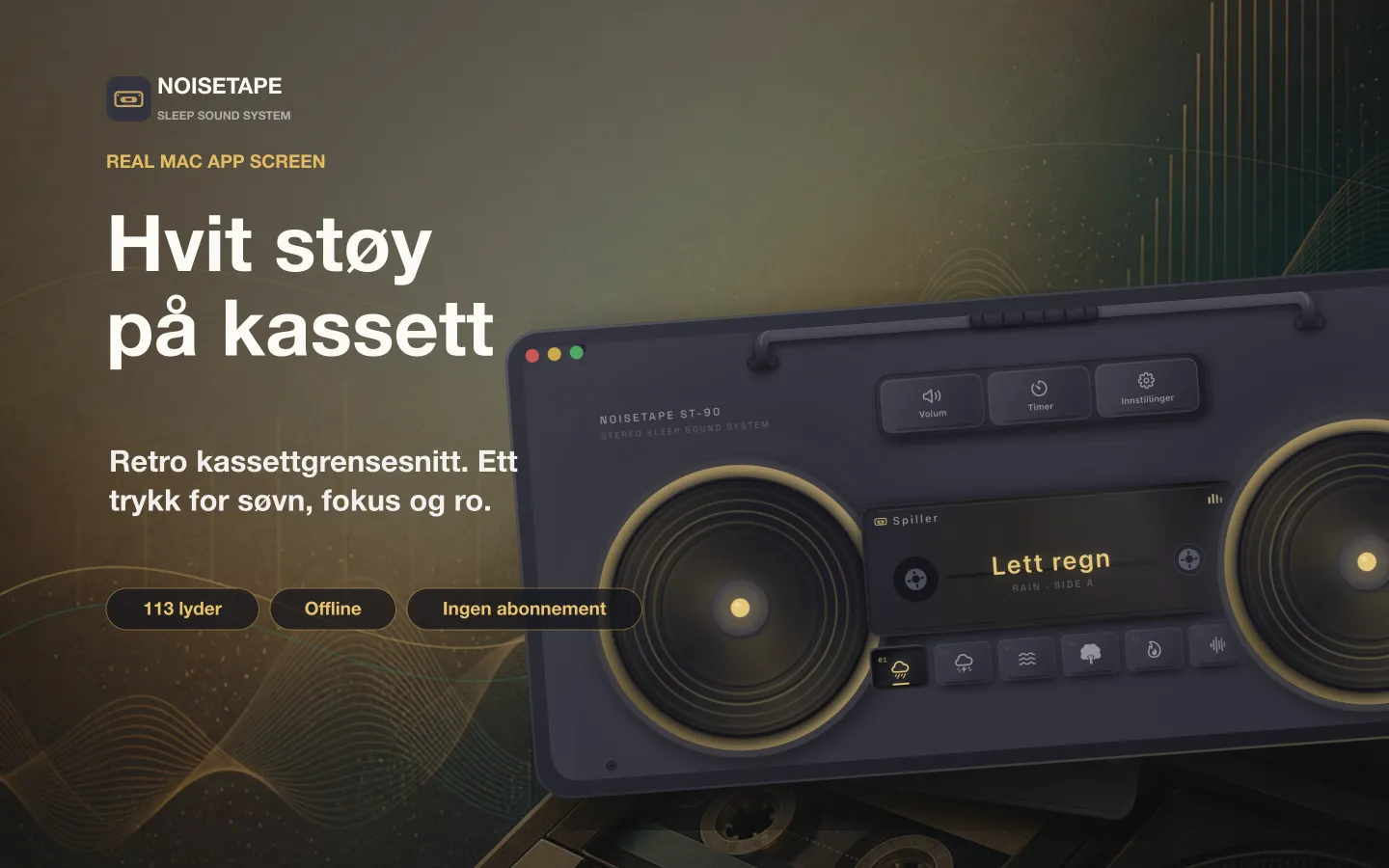 NoiseTape for Mac — en retro kassettboombox på skrivebordet som spiller den hvite støyen Lett regn