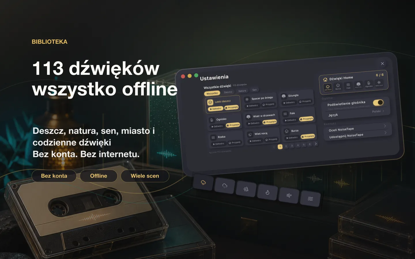 Biblioteka dźwięków NoiseTape na Macu — 113 dźwięków białego szumu i dźwięków snu, w pełni offline, bez konta