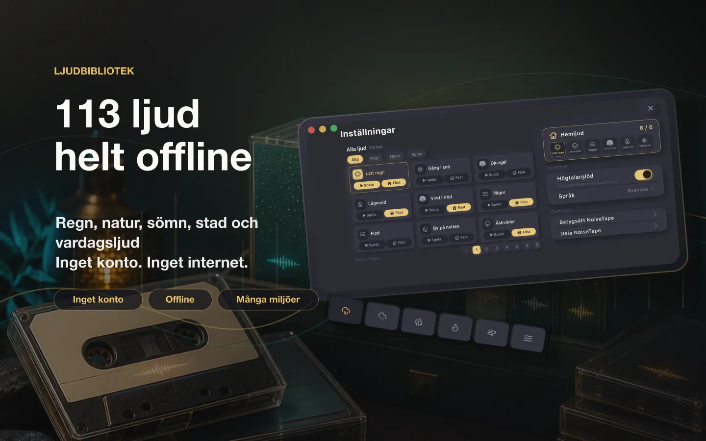 NoiseTapes ljudbibliotek på Mac — 113 ljud med vitt brus och sömnljud, helt offline, inget konto behövs