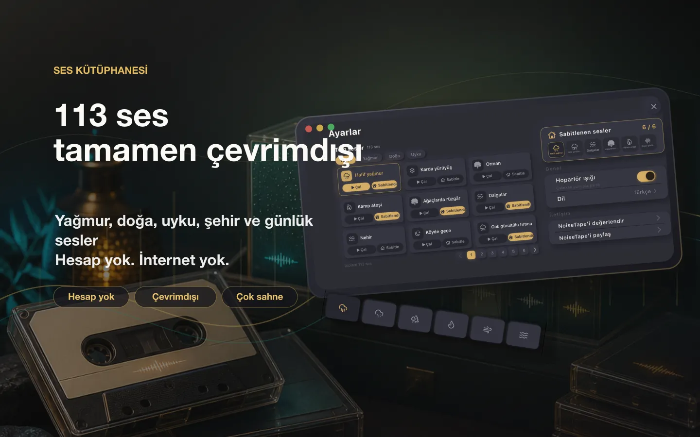Mac'te NoiseTape ses kitaplığı — 113 beyaz gürültü ve uyku sesi, tamamen çevrimdışı, hesap gerekmez