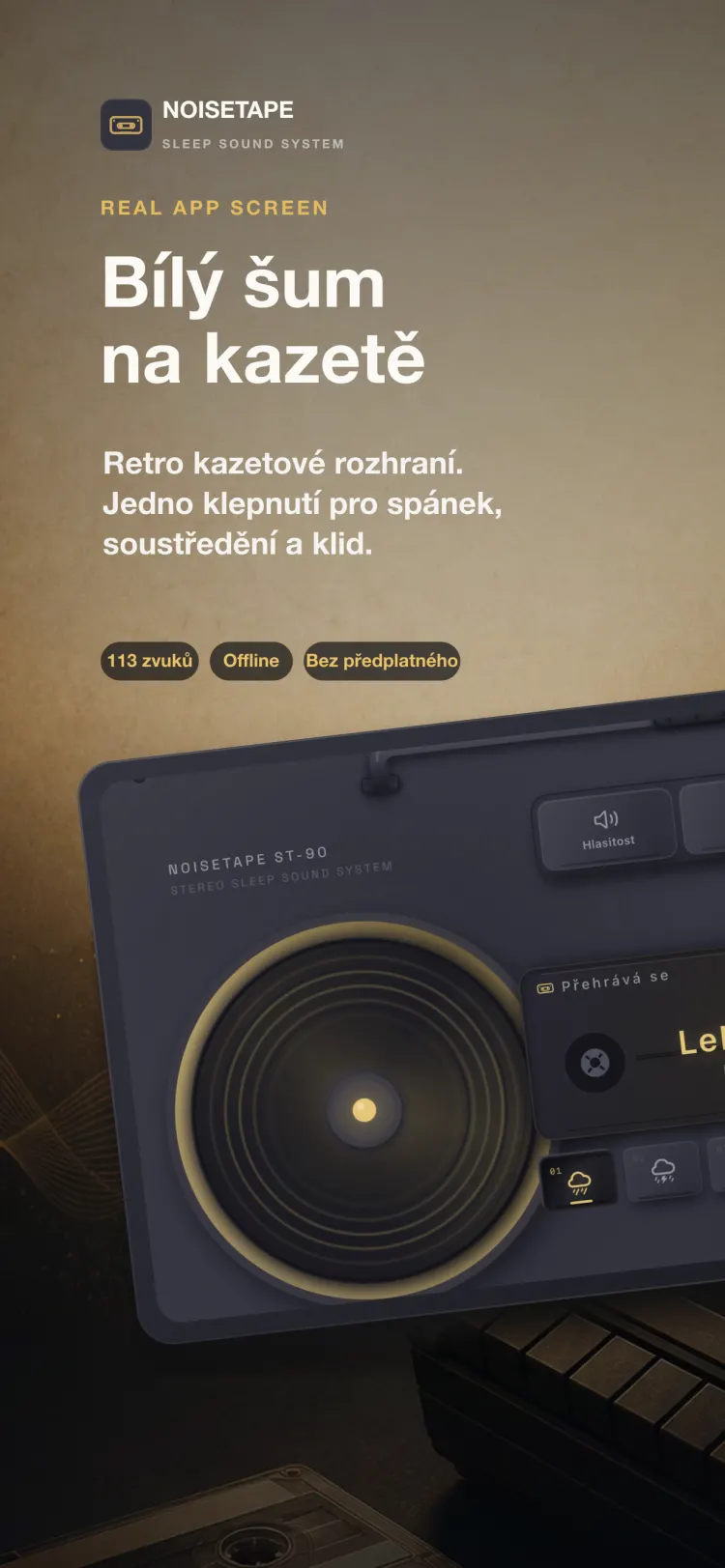 Přehrávač NoiseTape na iPhonu — retro boombox hrající Lehký déšť, s mechanickými tlačítky hlasitosti, časovače a nastavení