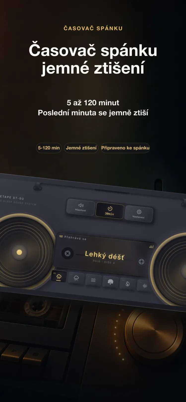 Časovač spánku NoiseTape na iPhonu — 5 až 120 minut, s jemným ztlumením během poslední minuty