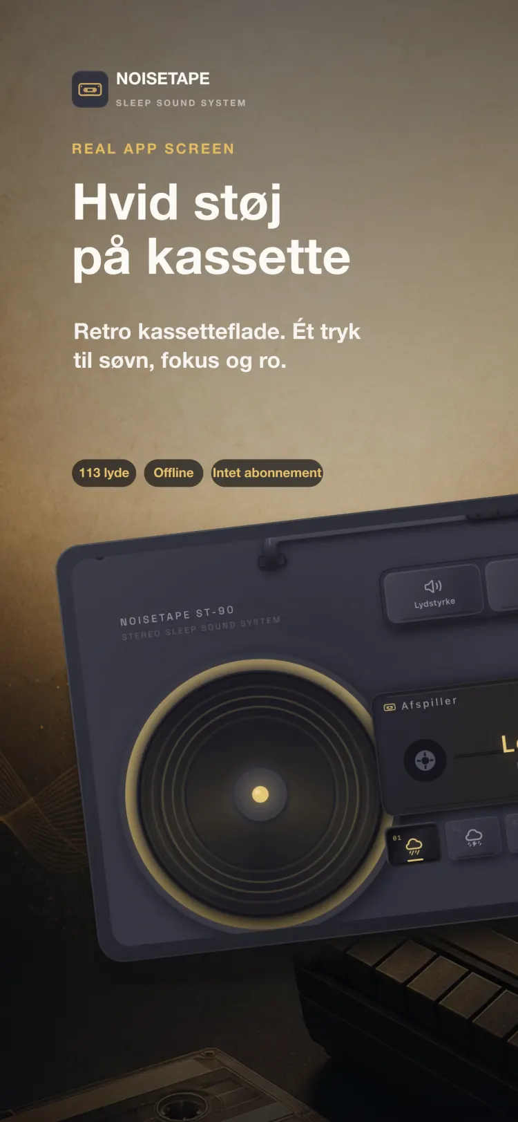 NoiseTape-afspilleren på iPhone — en retro kassettebåndoptager der spiller Let regn, med mekaniske taster til lydstyrke, timer og indstillinger