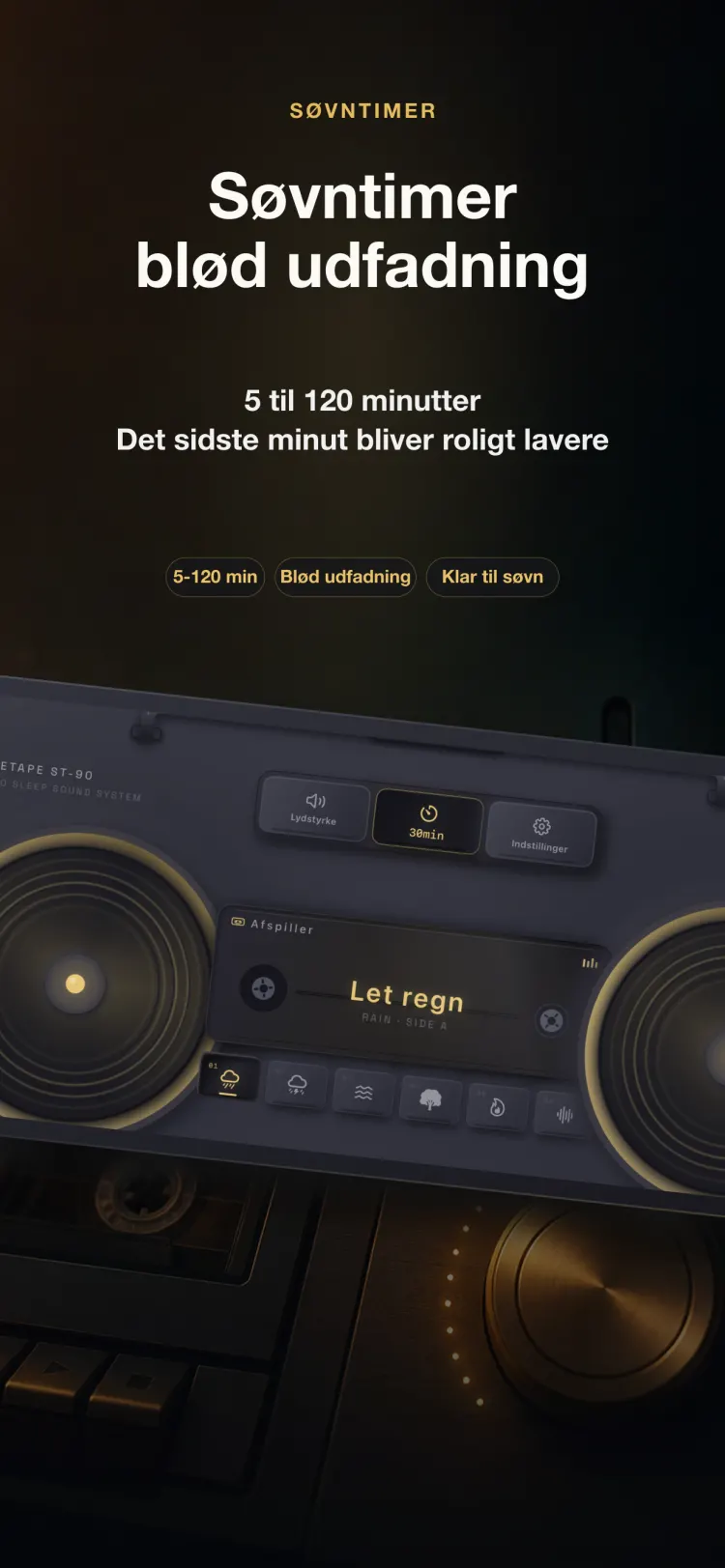 NoiseTapes søvntimer på iPhone — 5 til 120 minutter, fader blidt ud i det sidste minut