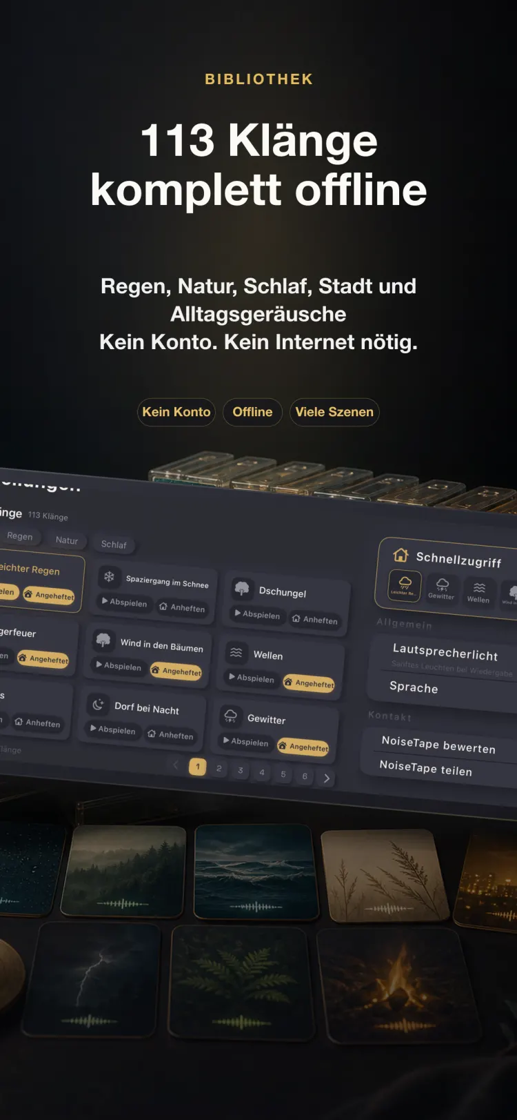 NoiseTape-Klangbibliothek auf dem iPhone — 113 White-Noise- und Schlafklänge, komplett offline, kein Konto nötig