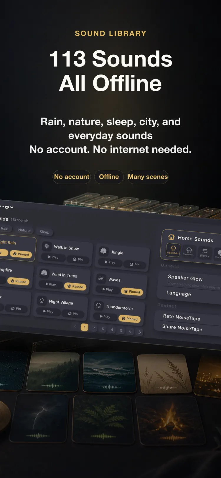 NoiseTape sound library on iPhone — 126 white noise and sleep sounds, fully offline, no account needed