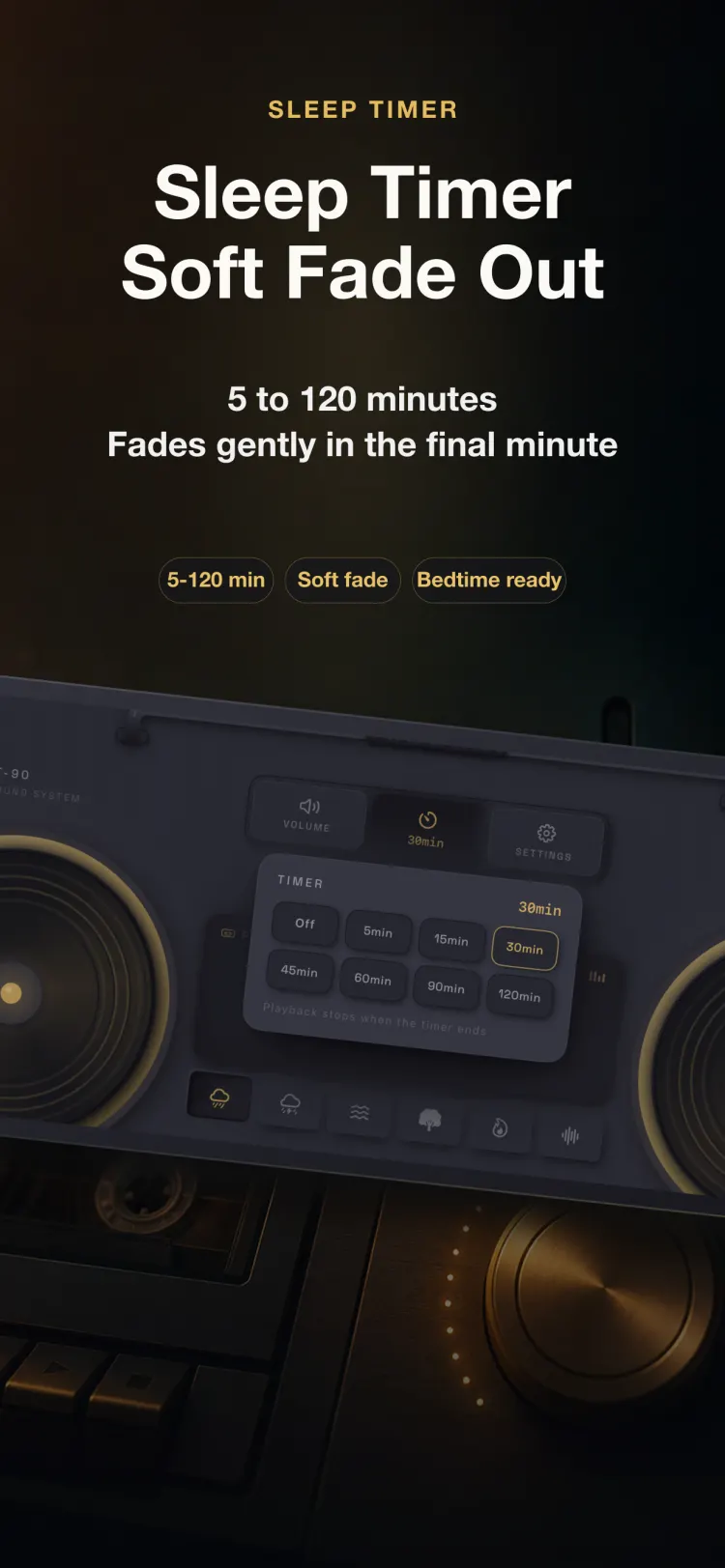 NoiseTape sleep timer on iPhone — 5 to 120 minutes, fading out gently over the final minute
