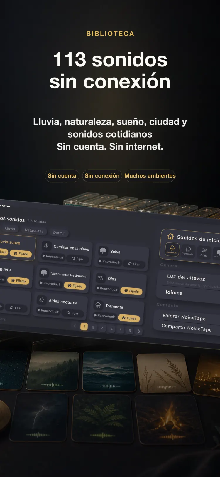Biblioteca de sonidos de NoiseTape en iPhone — 113 sonidos de ruido blanco y para dormir, totalmente offline, sin cuenta