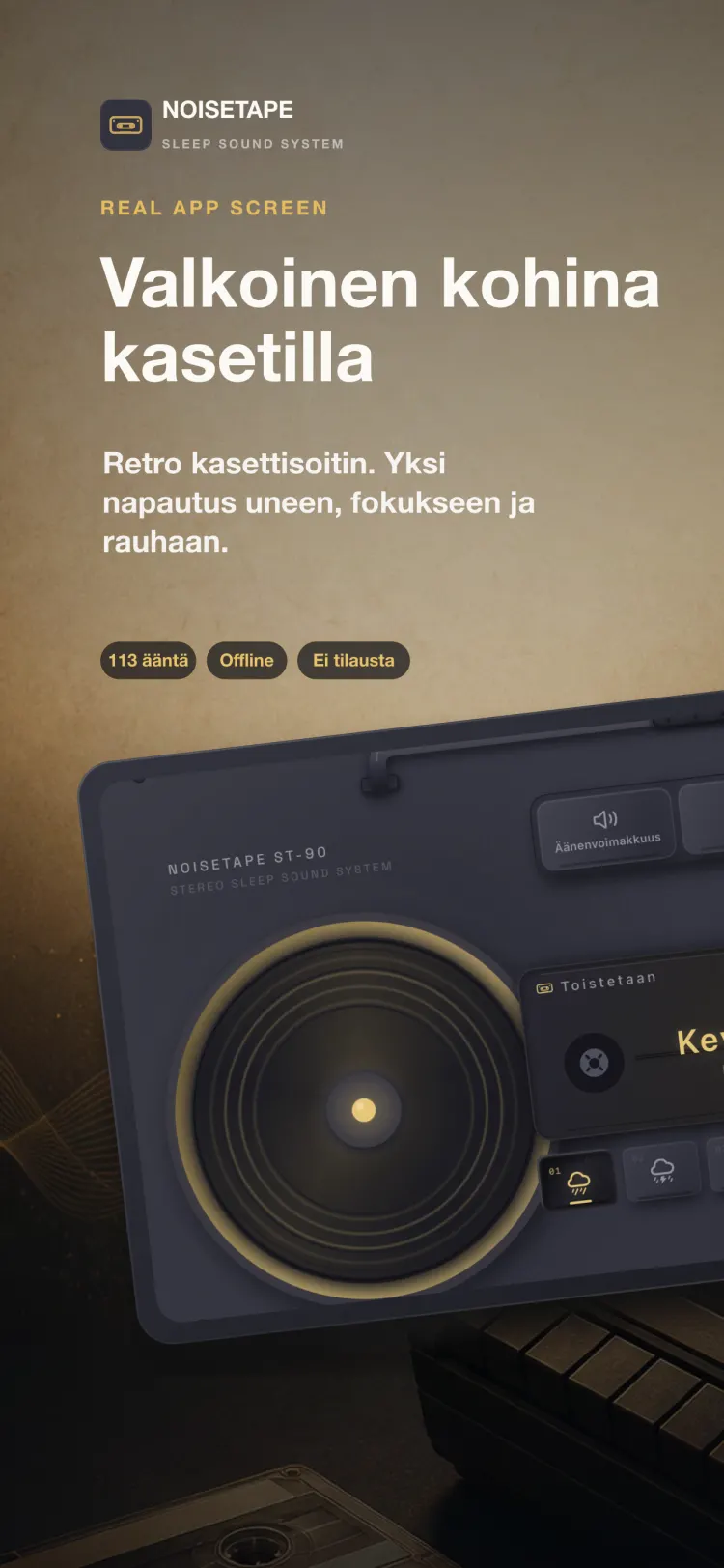 NoiseTape-soitin iPhonella — retrokasettidekki soittaa Kevyttä sadetta, mekaanisilla äänenvoimakkuus-, ajastin- ja asetuspainikkeilla