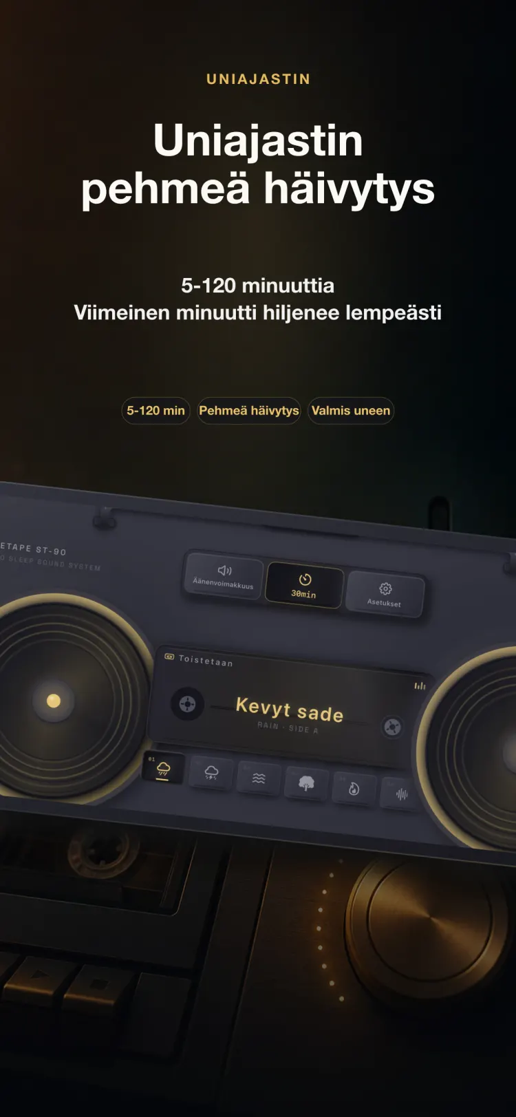 NoiseTapen uniajastin iPhonella — 5–120 minuuttia, häipyy pehmeästi viimeisen minuutin aikana