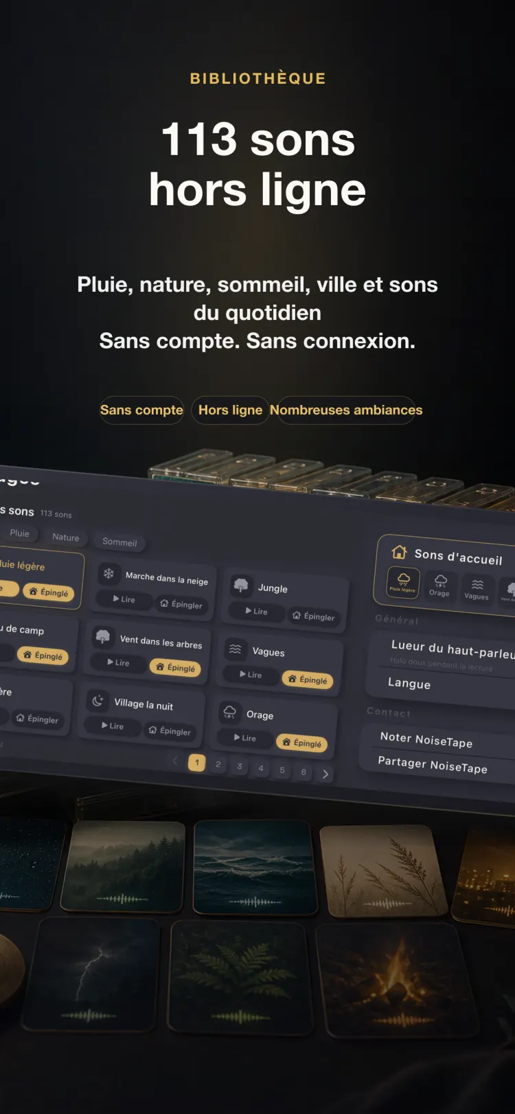 Bibliothèque de sons NoiseTape sur iPhone — 113 sons de bruit blanc et pour dormir, entièrement hors ligne, sans compte