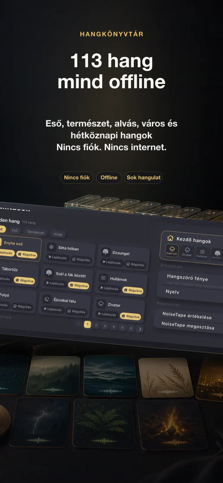 A NoiseTape hangkönyvtára iPhone-on — 126 fehérzaj- és alvóhang, teljesen offline, fiók nélkül
