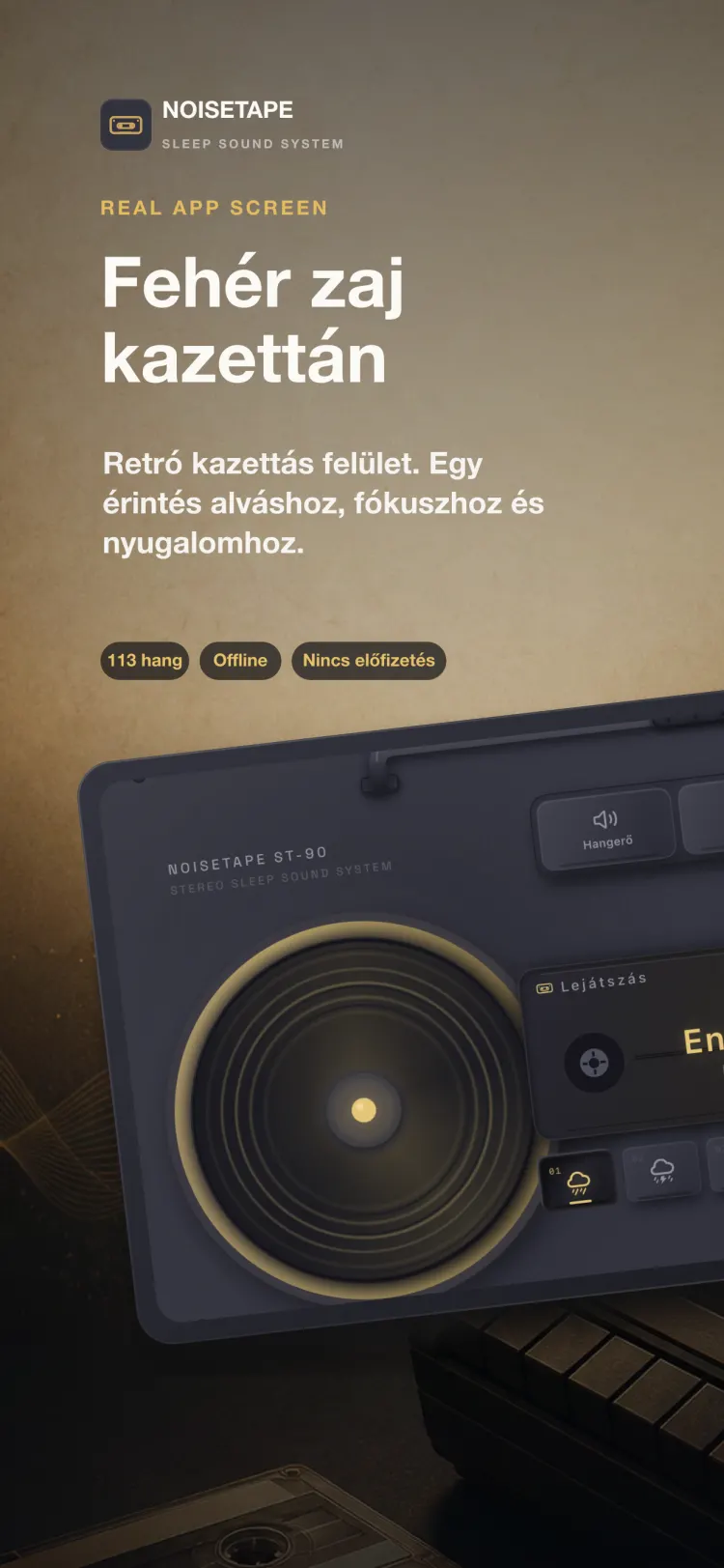 A NoiseTape lejátszó iPhone-on — retró boombox, amely a Light Rain-t játssza, mechanikus hangerő-, időzítő- és beállításgombokkal