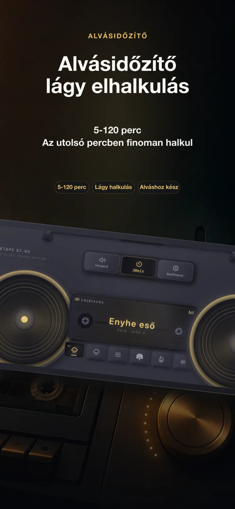 A NoiseTape alvásidőzítője iPhone-on — 5-től 120 percig, az utolsó percben finoman elhalkulva