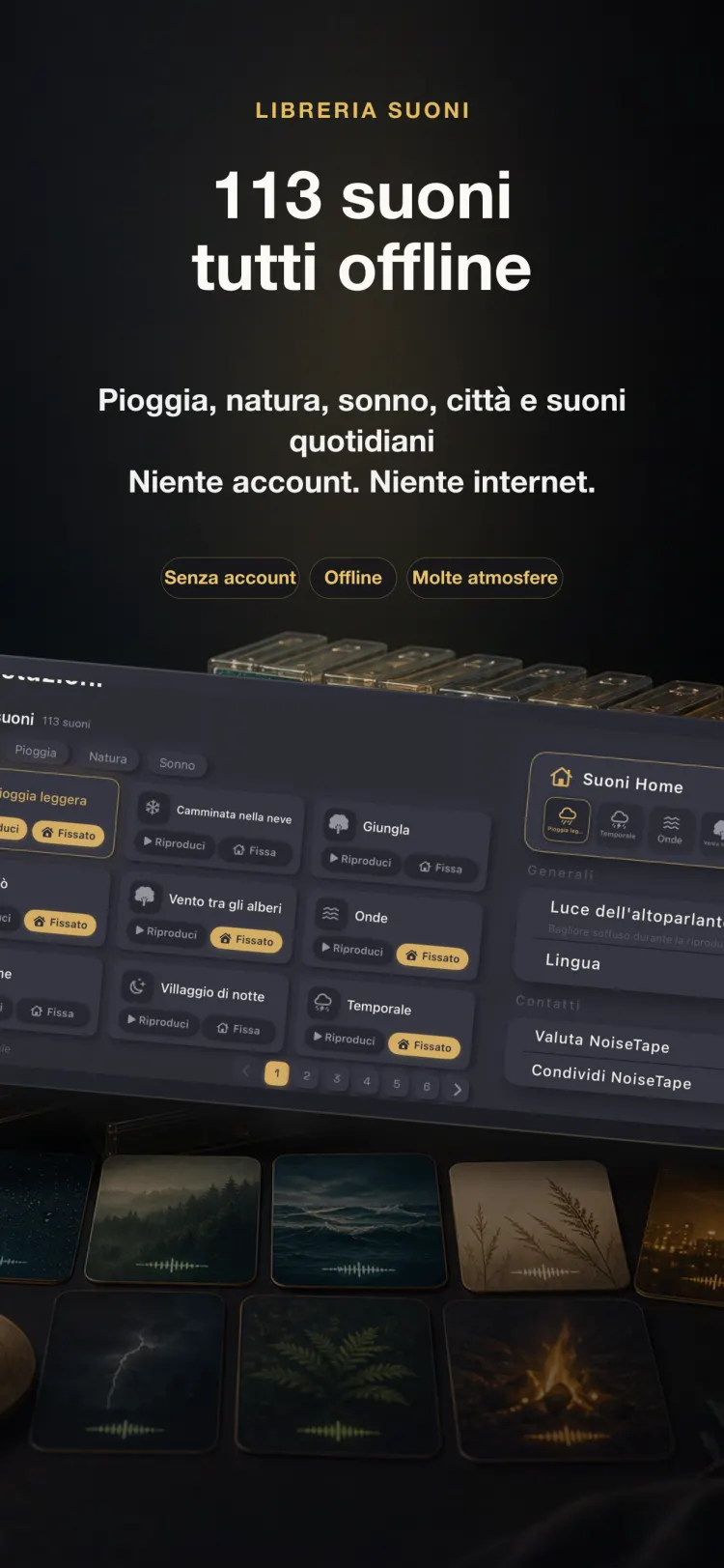 Libreria dei suoni di NoiseTape su iPhone — 113 suoni di rumore bianco e per dormire, completamente offline, senza account