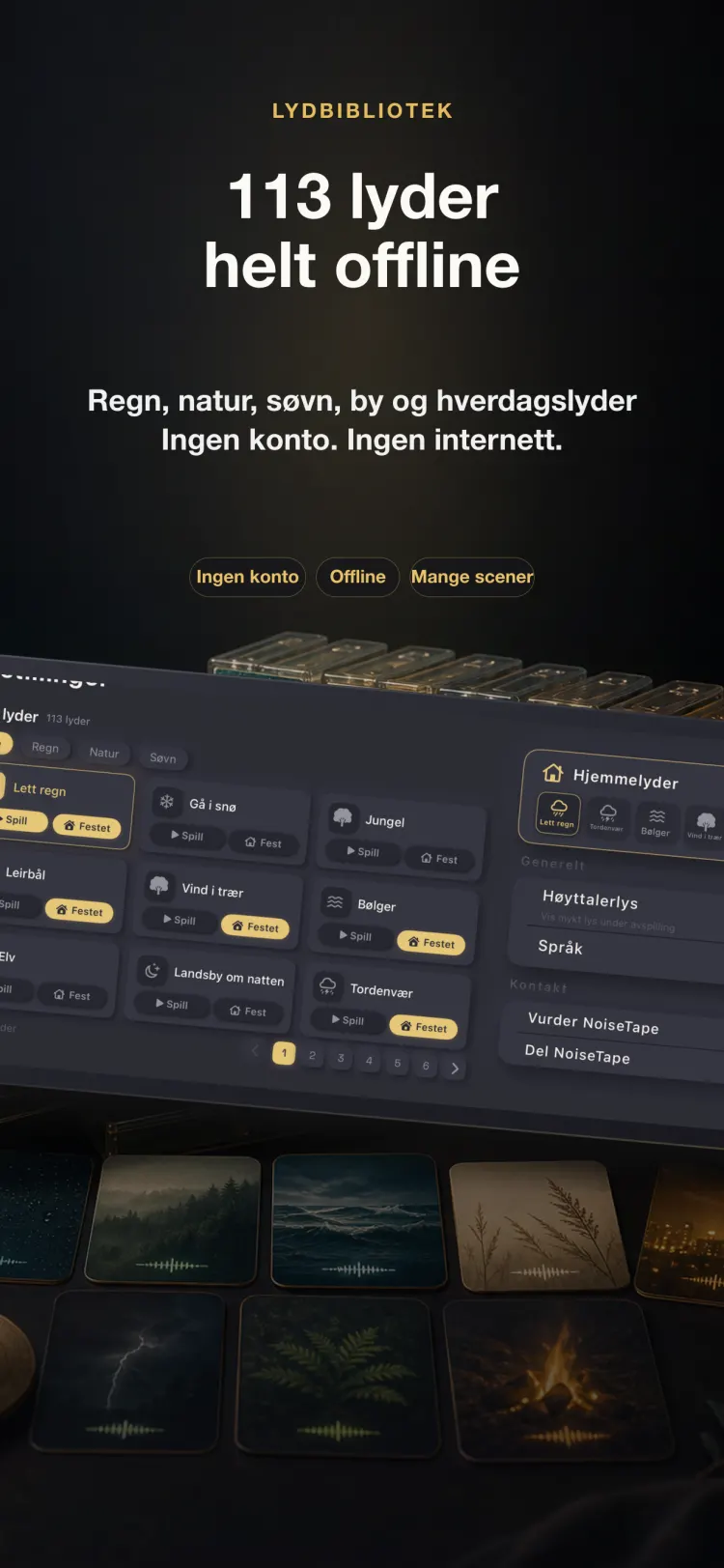 NoiseTapes lydbibliotek på iPhone — 126 lyder med hvit støy og sovelyder, helt offline, ingen konto nødvendig