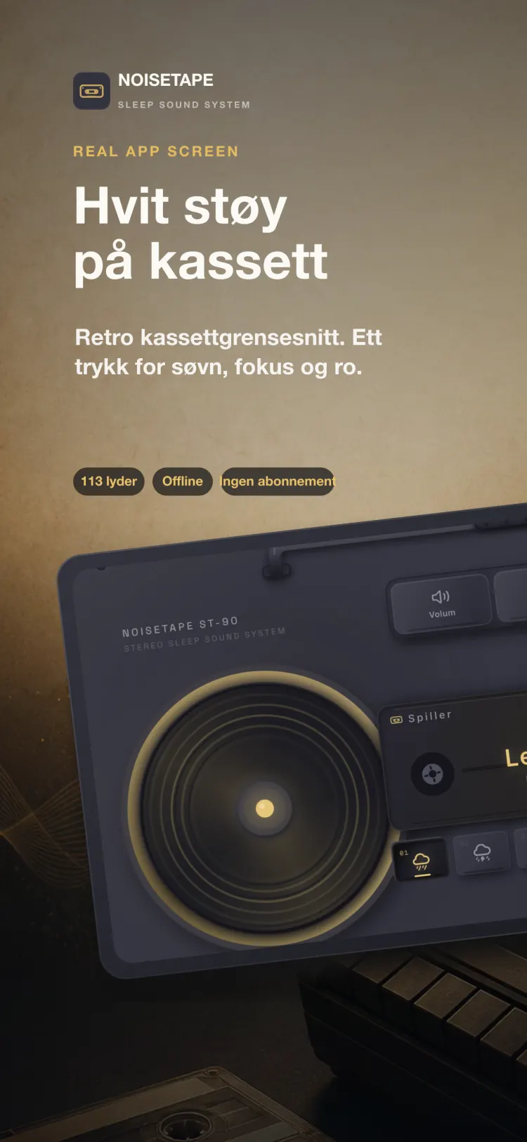 NoiseTape-spilleren på iPhone — en retro kassettspiller som spiller Lett regn, med mekaniske taster for volum, timer og innstillinger