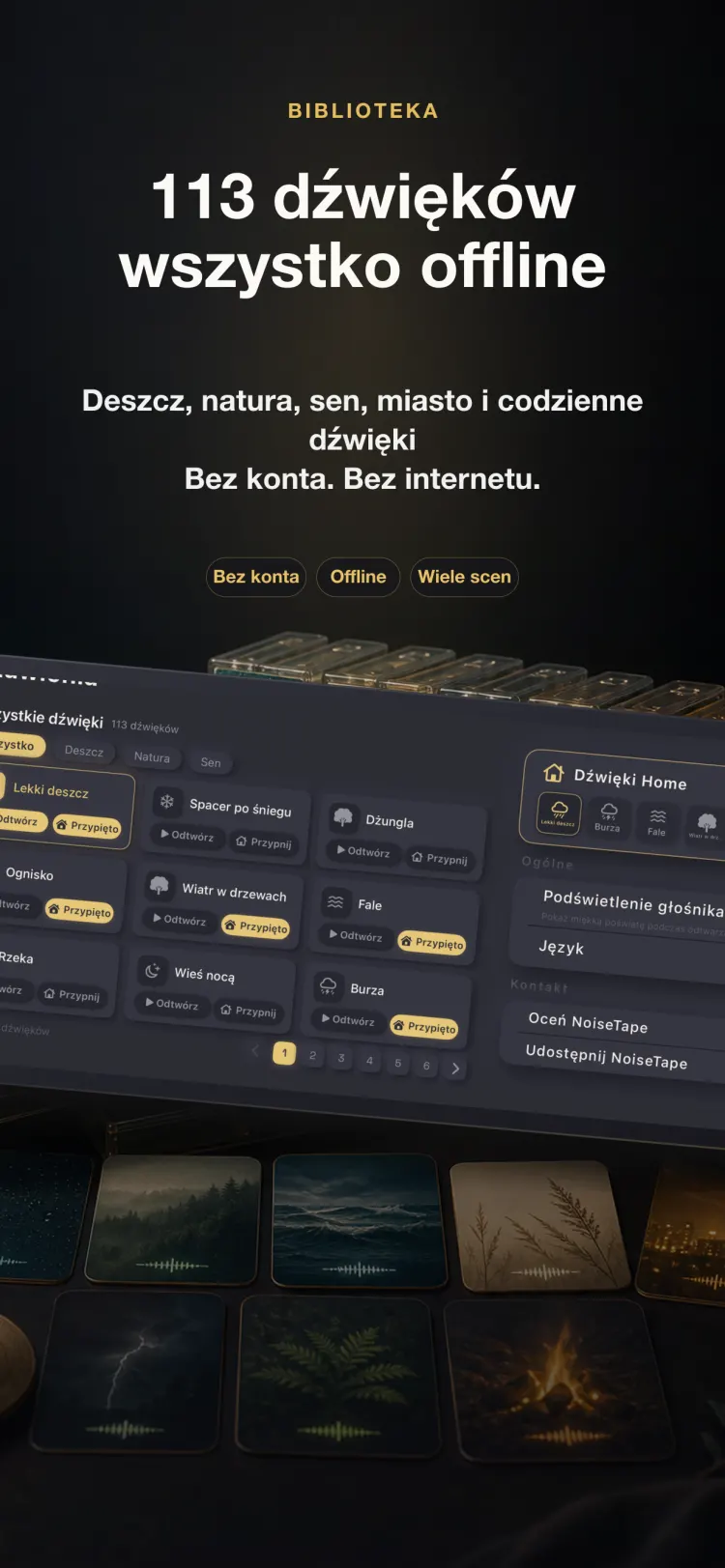 Biblioteka dźwięków NoiseTape na iPhone — 126 dźwięków białego szumu i dźwięków snu, w pełni offline, bez konta