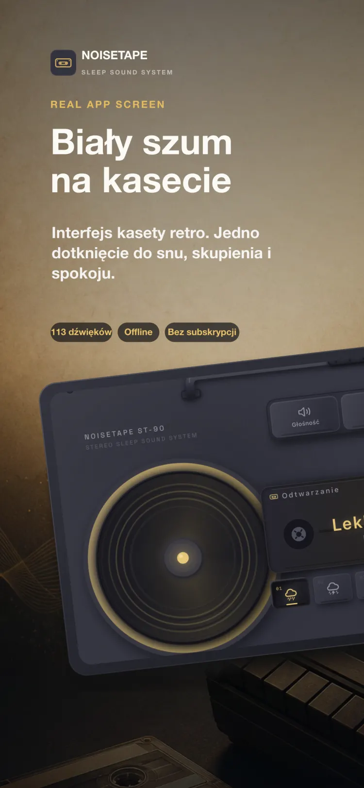Odtwarzacz NoiseTape na iPhone — retro boombox grający Lekki deszcz, z mechanicznymi klawiszami głośności, timera i ustawień