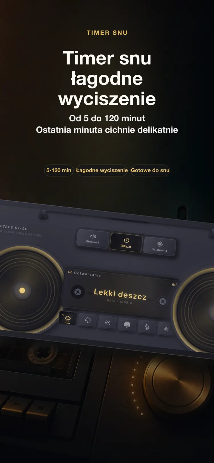 Timer snu NoiseTape na iPhone — od 5 do 120 minut, z łagodnym wyciszaniem w ostatniej minucie