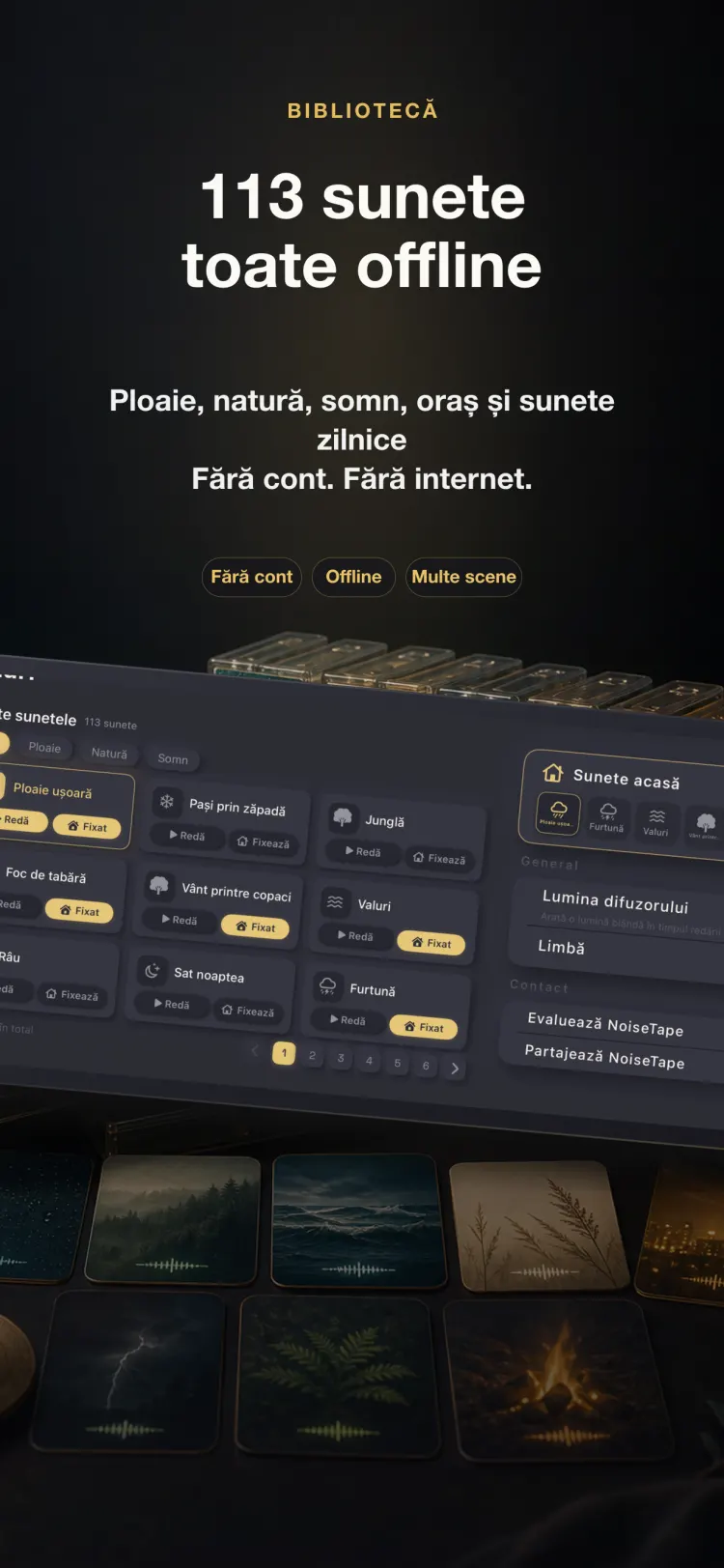 Biblioteca de sunete NoiseTape pe iPhone — 126 de sunete de zgomot alb și de somn, complet offline, fără cont