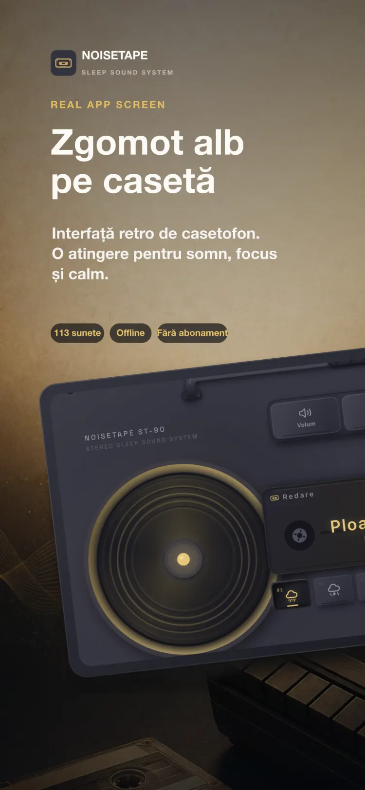 Playerul NoiseTape pe iPhone — un boombox retro care redă Ploaie ușoară, cu taste mecanice pentru volum, temporizator și setări