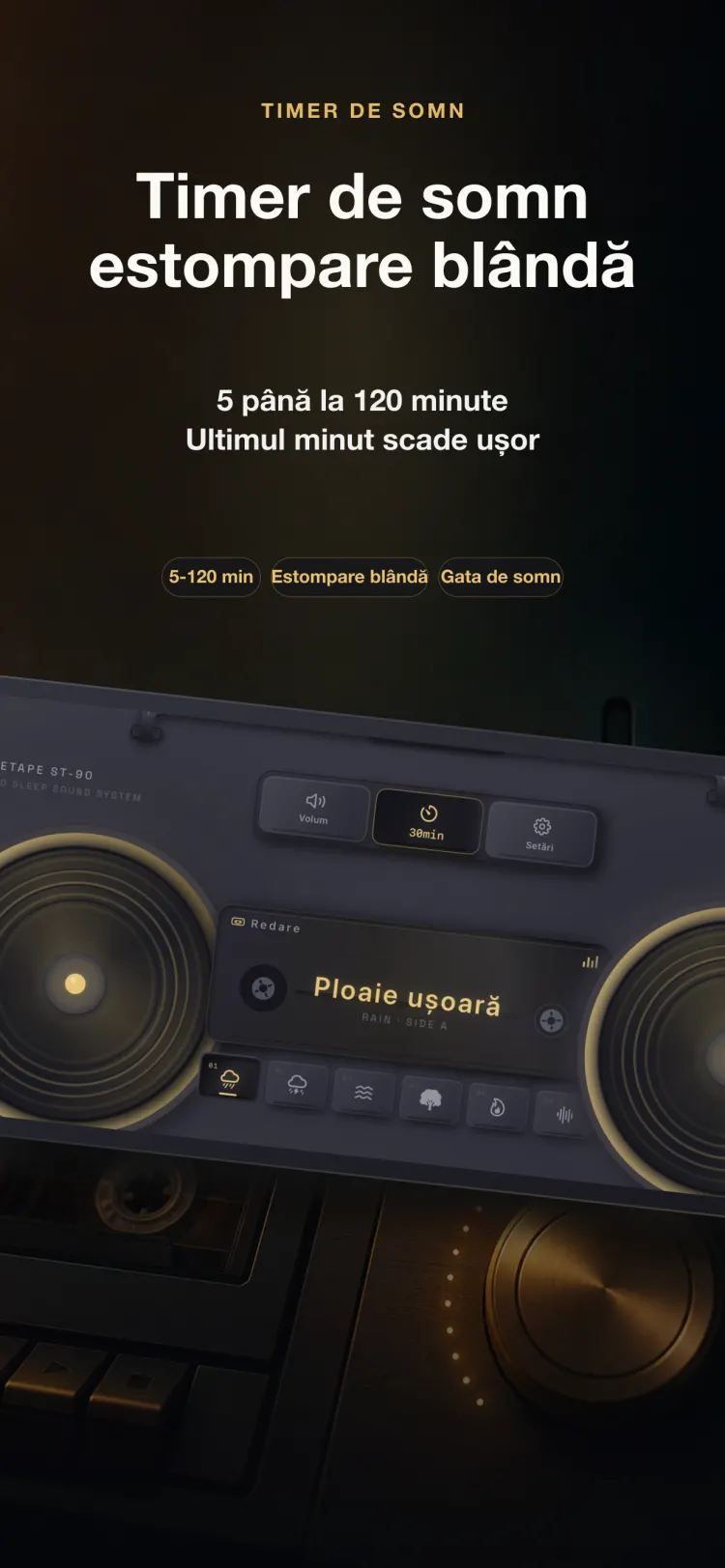 Temporizatorul de somn NoiseTape pe iPhone — de la 5 la 120 de minute, estompându-se blând în ultimul minut