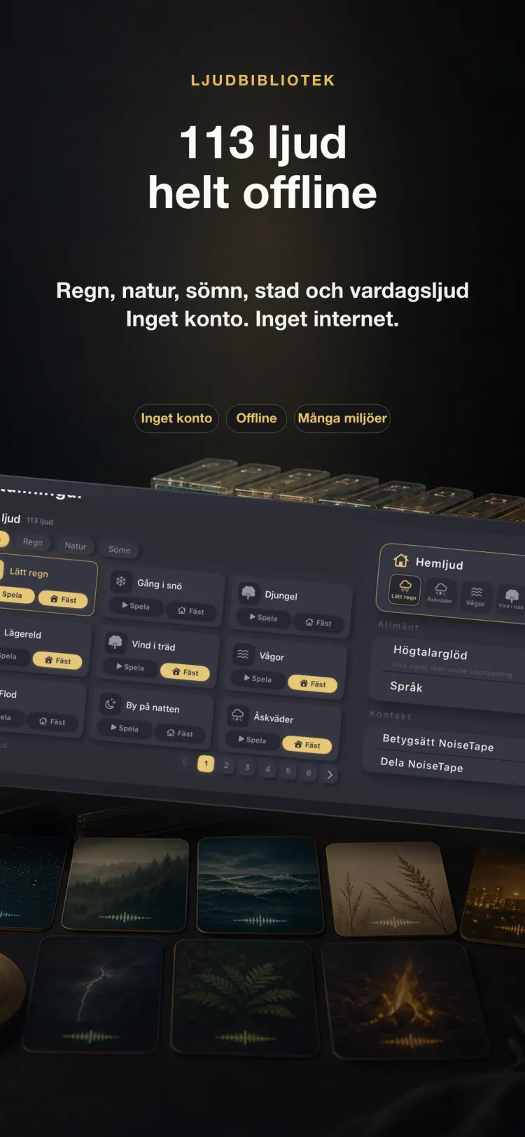 NoiseTapes ljudbibliotek på iPhone — 126 ljud med vitt brus och sömnljud, helt offline, inget konto behövs