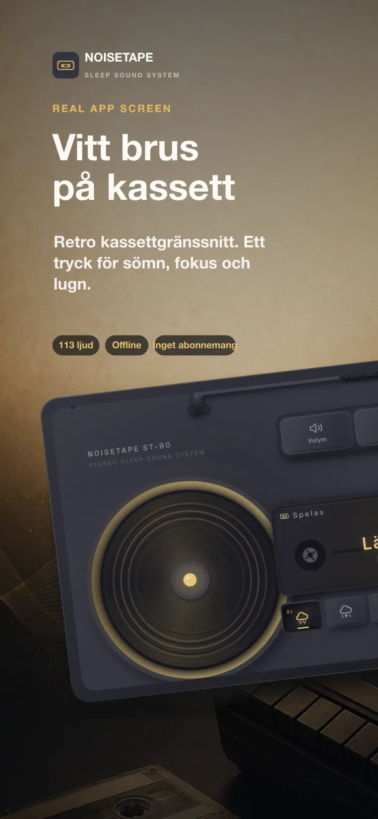 NoiseTape-spelaren på iPhone — ett retro kassettdäck som spelar Light Rain, med mekaniska knappar för volym, timer och inställningar