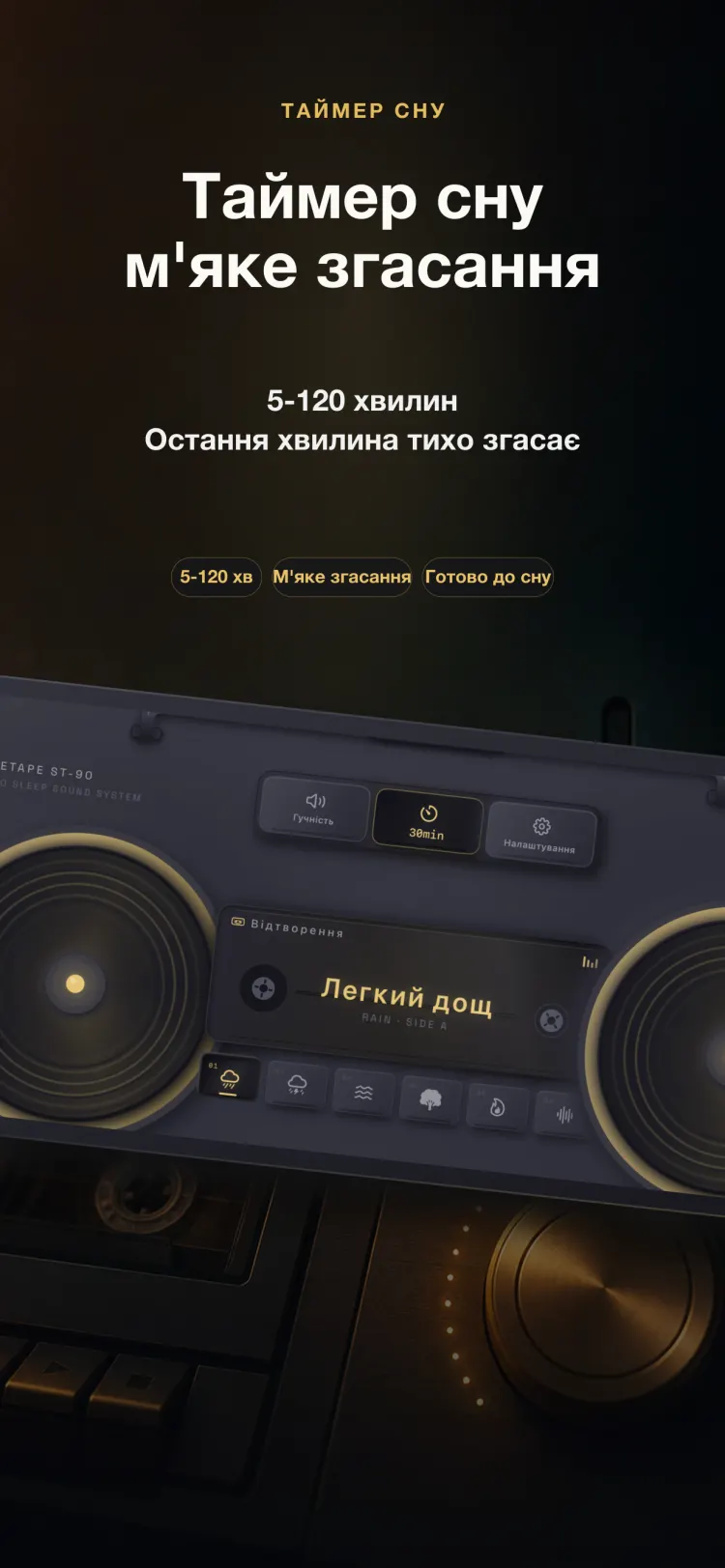 Таймер сну NoiseTape на iPhone — від 5 до 120 хвилин, з плавним згасанням в останню хвилину